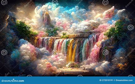 Rainbow Falls Heavenly Waterfall Cascading Down A Rocky Cliff Stock