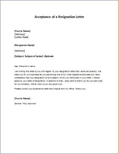 Acceptance Of A Resignation Letter