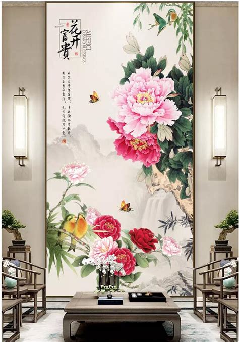 Custom Photo 3d Wallpaper Chinese Painted Peony Flowers And Birds Porch