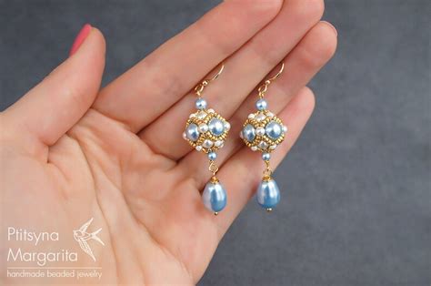 Light Blue White Pearl Wedding Earrings Swarovski Pearl Etsy