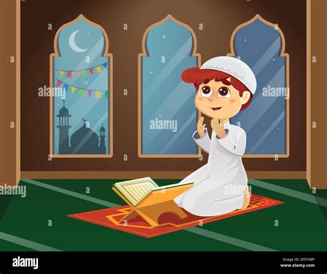 Vector Illustration Of Muslim Boy Praying In Mosque Stock Vector Image