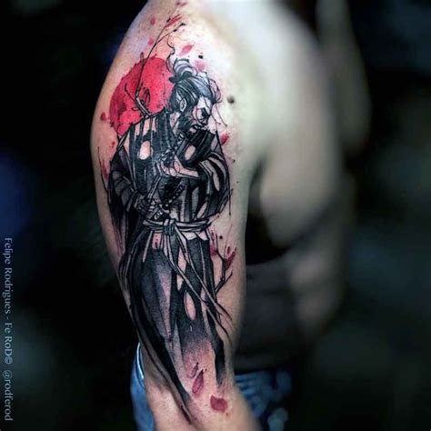 Japanese Style Colored Shoulder Tattoo Of Samurai Warrior With Tree And