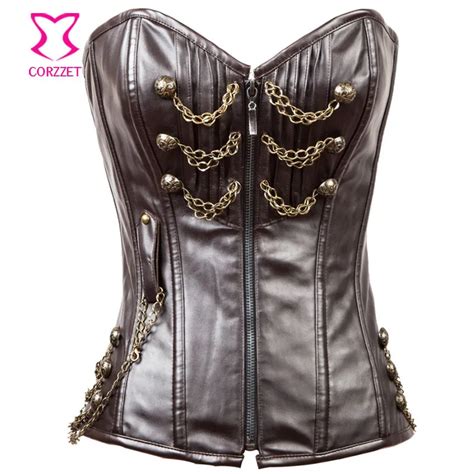 Plus Size Brown Leather Steampunk Corset Overbust Waist Trainer Corsets