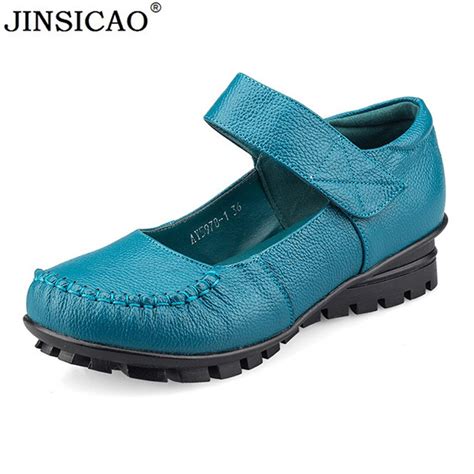 Women Mary Janes Flats Spring Loafers Ladies Hook And Loop Casual Genuine
