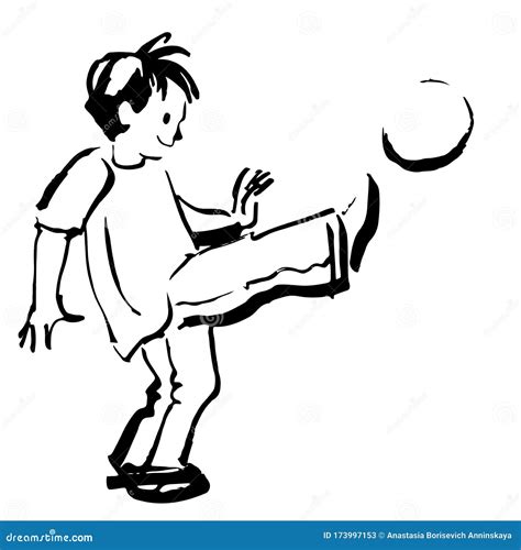 Black Outline Hand Drawn Boy Playing Ball Stock Vector Illustration
