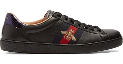 Lyst Gucci New Ace Bee Embroidered Leather Trainers In Black For Men