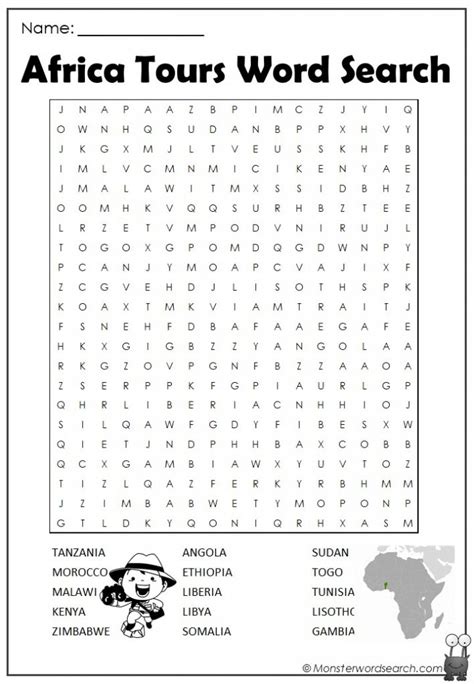 Africa Tours Word Search Monster Word Search