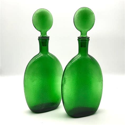 These Fabulous Dark Green Vintage Decanters Are Extra Large And Have Decorative Round Stoppers