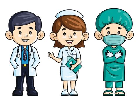 Profesión De Dibujos Animados Médico Enfermera Y Cirujano Vector