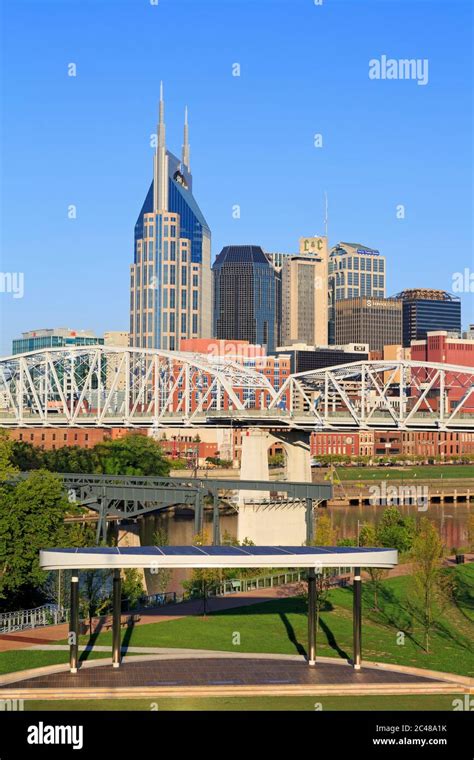 Shelby Pedestrian Bridge And Nashville Skylinetennesseeusa Stock Photo