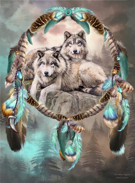 Dream Catcher Two Wolves Together By Carol Cavalaris Native