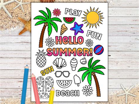 Hello Summer Printable Page Summer Vacation Coloring Kids Etsy