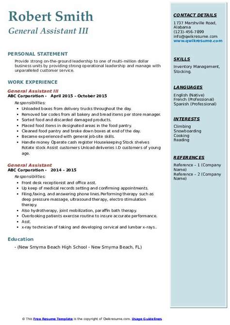 An administrative assistant resume sample that gets interviews. General Assistant Resume Samples | QwikResume