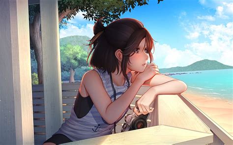 X Anime Girl Summer Cannon Looking Away Semi Realistic Beach Sky Profile View For