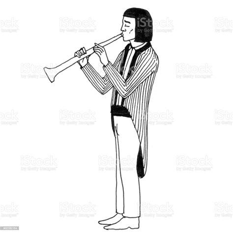 Black And White Sketch Of Clarinetist Man In A White Jacket Plays On