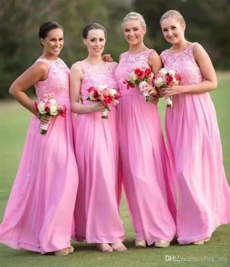 2017 hot pink long chiffon bridesmaid dress lace appliques sleeveless cheap wedding party gowns
