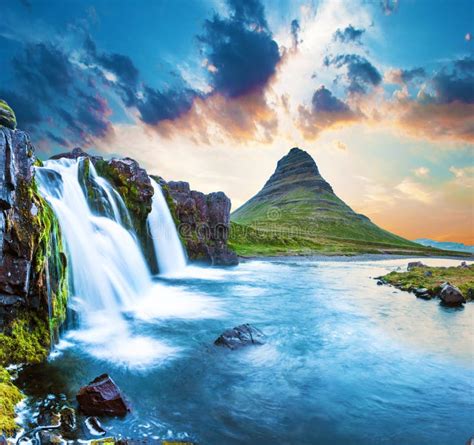 Beautiful Natural Magical Scenery With A Waterfall Kirkjufell Near The