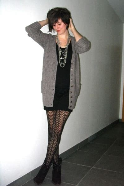 Brown Cardigans Black Dresses Black Boots Silver Necklaces Black Tights Die Antwoord By