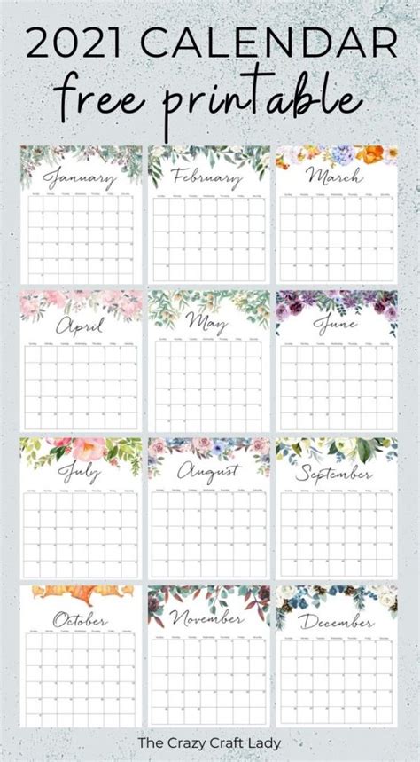 2021 Free Printable Floral Wall Calendar The Crazy Craft