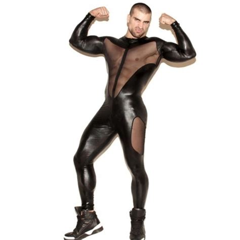 2021 latex men wet look catsuit faux leather mesh jumpsuits black tight pvc bodysuit sexy