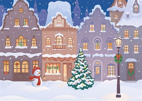 Cute Cartoon Winter Snow Covered Village Christmas Party Backdrop