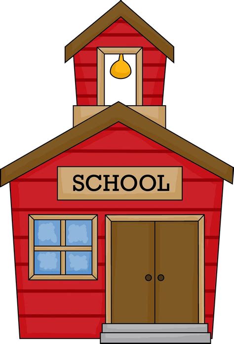 A Red School Building With A Bell On The Top And Door To Another