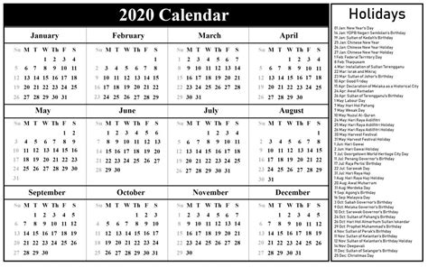 Day of may 2021 is observed as labour day, and the malaysian king's birthday will be observed on the first saturday of june 2021. Malaysia 2020 Calendar in 2020 | Holiday calendar ...