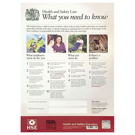 The health and safety executive (hse) is a uk government agency responsible for the encouragement, regulation and enforcement of workplace health, safety and welfare, and for research into occupational risks in great britain. Health and Safety Law Poster - 600 x 425mm - PF Cusack