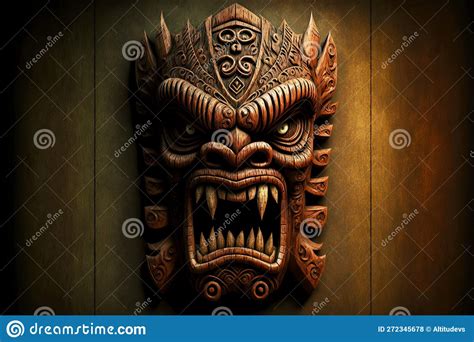 Ancient Wooden Tiki Mask With Teeth Of Exotic Tribes Stock Illustration Illustration Of