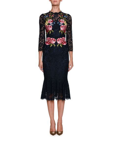 Dolce And Gabbana High Neck Long Sleeve Lace Dress W Floral Appliques