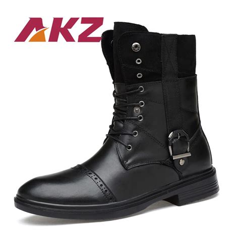Akz British Style Genuine Leather Motorcycle Boots Autumn Winter Men S Ankle Boots Warm Martin