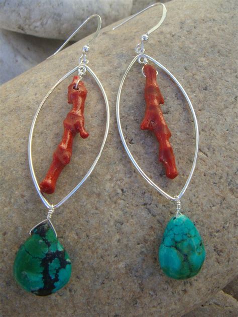 Red Coral Turquoise Earrings Red Blue Earrings Long Dangle Etsy