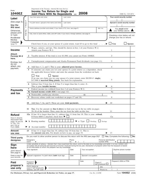 Form 1040ez For Filers With No Dependents And Taxable Income Less