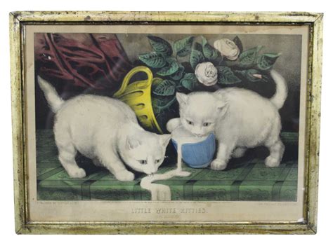 1870s Antique Currier And Ives Little White Kitties Into Mischief