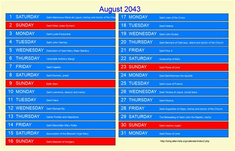 August 2043 Roman Catholic Saints Calendar