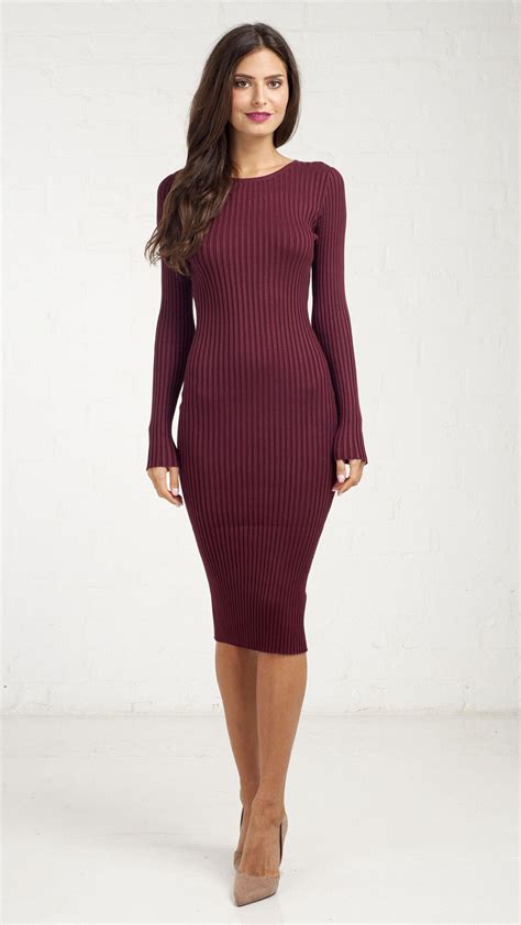 Fitted Ribbed Long Sleeve Pencil Dress Burgundy Long Sleeve Pencil