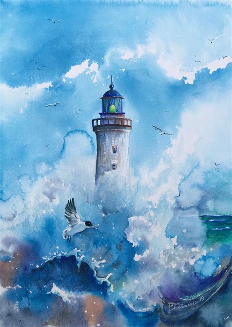 Seascape Watercolor Lighthouse Painting Original Watercolor Seascape