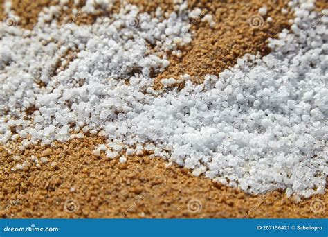 Snow Pellets Graupel Or Soft Hail On Sand Form Of Precipitation Stock