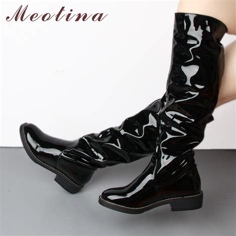 Meotina Knee High Boots Women Patent Leather Winter Boots Square Heel Pleated Boots Fashion