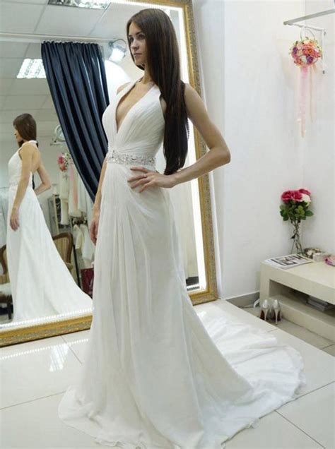Ivory Halter Beach Wedding Dresseschiffon Bridal Dress With Open Back