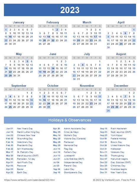2023 Calendar Printable With Holidays