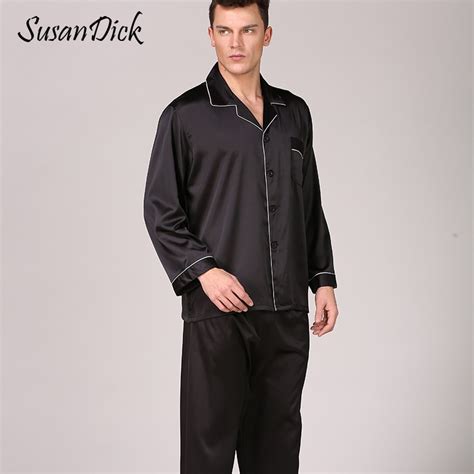 Susandick Black Silk Pajamas Sets Men Spring Autumn Luxury Satin