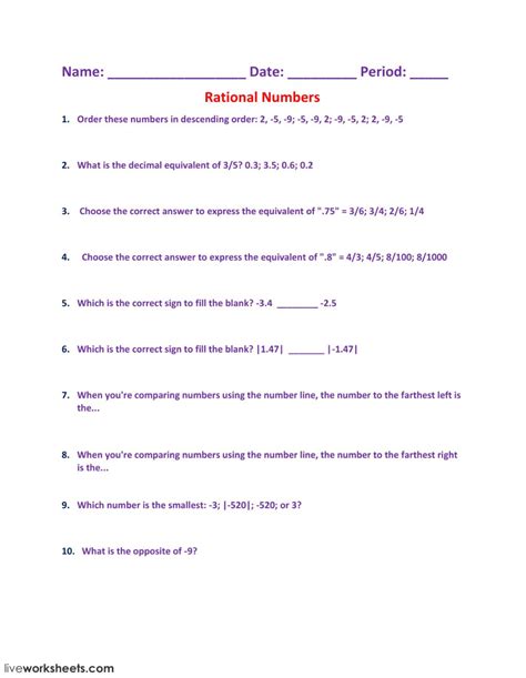 Rational Numbers Fractions Worksheets