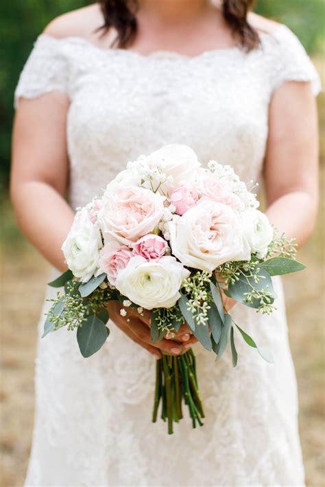 Elegant White And Blush Bridal Bouquet Accented With Seeded Eucalyptus