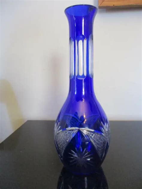Vintage Cobalt Blue Hand Cut To Clear Overlay Czech Bohemian Cased Vase Decanter 49 99 Picclick
