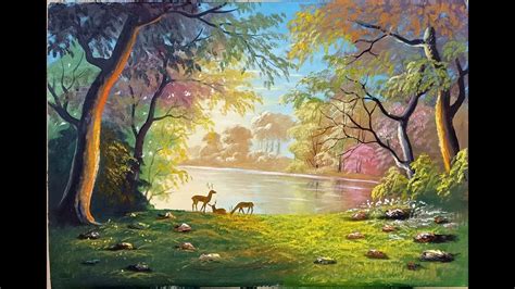 How To Draw Forest Scenery With Animals Oil Painting Landscape Youtube