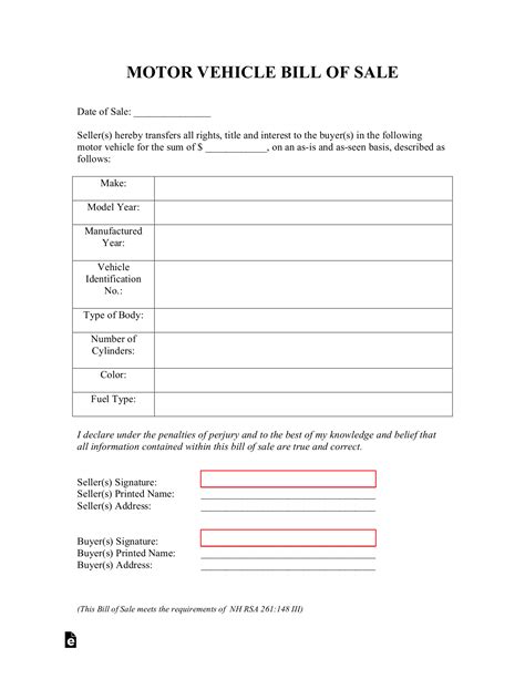 Free New Hampshire Motor Vehicle Bill Of Sale Form Pdf Eforms