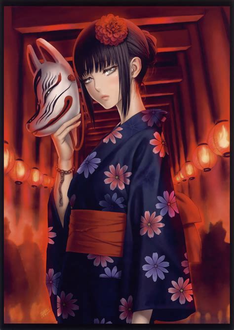 Original Anime Girl Kimono Cute Beautiful Dress Long Hair Mask Wallpaper 2480x3500 818910