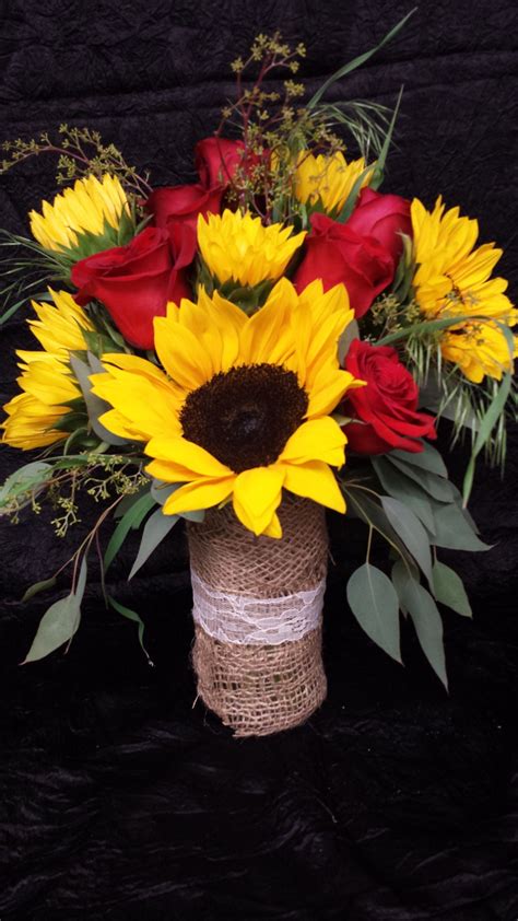Sunflowers And Red Rose Centerpiece With Burlap And Lace Sunflowers