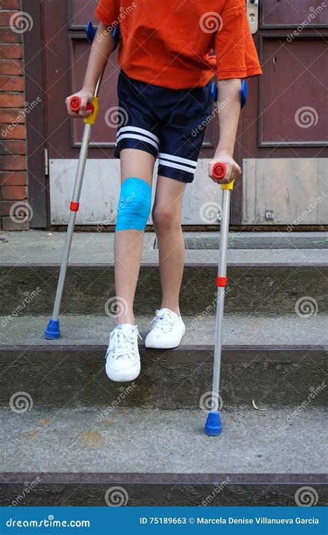 Little Girl With Crutches At The Stair Stock Image Image Of Model